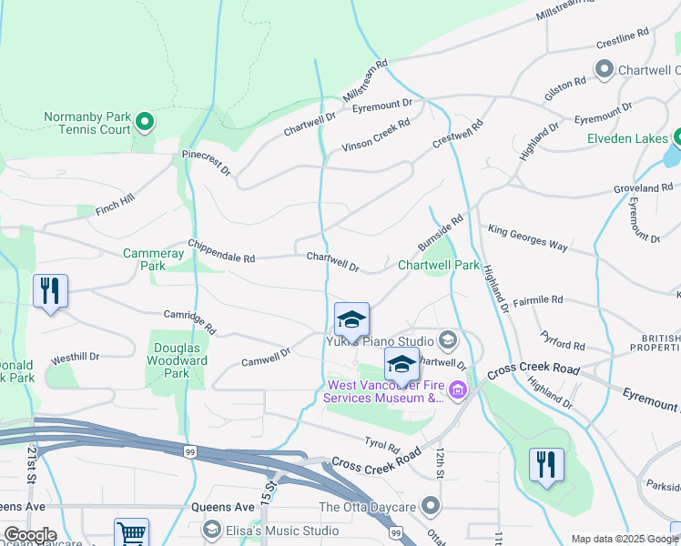 map of restaurants, bars, coffee shops, grocery stores, and more near 1333 Whitby Road in West Vancouver