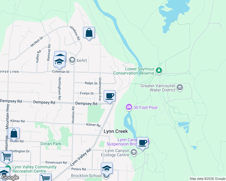 map of restaurants, bars, coffee shops, grocery stores, and more near 1762 Evelyn Street in North Vancouver