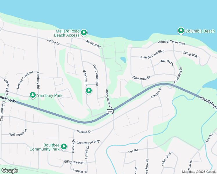 map of restaurants, bars, coffee shops, grocery stores, and more near 627 Johnstone Road in Parksville