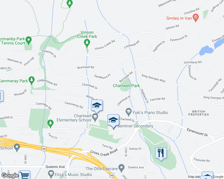 map of restaurants, bars, coffee shops, grocery stores, and more near 1356 Chartwell Drive in West Vancouver