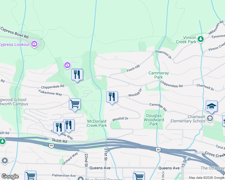 map of restaurants, bars, coffee shops, grocery stores, and more near Chippendale Court in West Vancouver