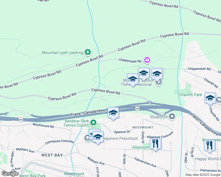 map of restaurants, bars, coffee shops, grocery stores, and more near 3008 Burfield Place in West Vancouver
