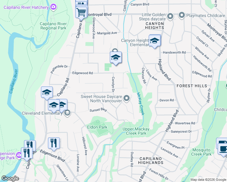 map of restaurants, bars, coffee shops, grocery stores, and more near 4302 Carolyn Drive in North Vancouver