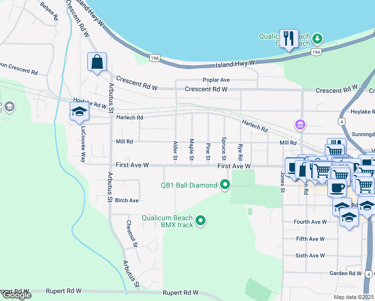 map of restaurants, bars, coffee shops, grocery stores, and more near 629 Maple Street in Qualicum Beach