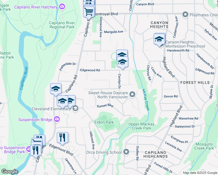 map of restaurants, bars, coffee shops, grocery stores, and more near 1080 Lodge Road in North Vancouver