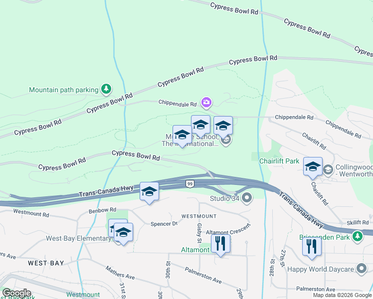 map of restaurants, bars, coffee shops, grocery stores, and more near 2980 Burfield Place in West Vancouver