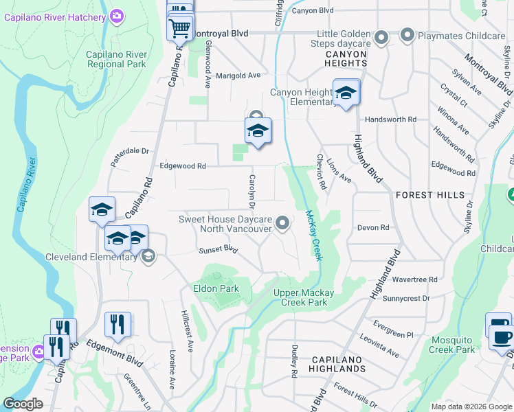 map of restaurants, bars, coffee shops, grocery stores, and more near 4302 Carolyn Drive in North Vancouver
