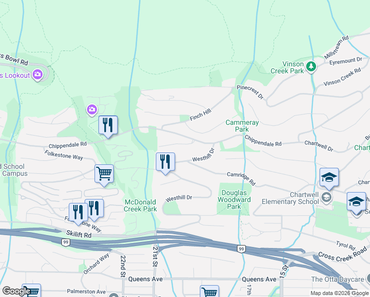 map of restaurants, bars, coffee shops, grocery stores, and more near 1538 Chippendale Court in West Vancouver