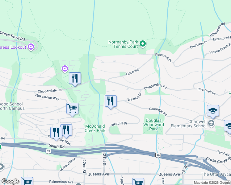 map of restaurants, bars, coffee shops, grocery stores, and more near 1560 Chippendale Court in West Vancouver