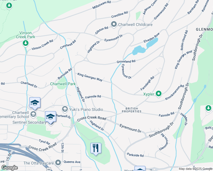 map of restaurants, bars, coffee shops, grocery stores, and more near 940 King Georges Way in West Vancouver