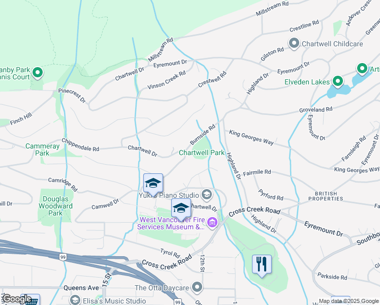 map of restaurants, bars, coffee shops, grocery stores, and more near Chartwell Drive in West Vancouver