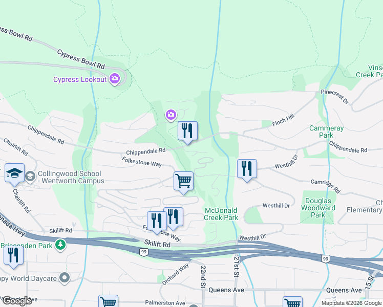 map of restaurants, bars, coffee shops, grocery stores, and more near 2276 Boulder Court in West Vancouver