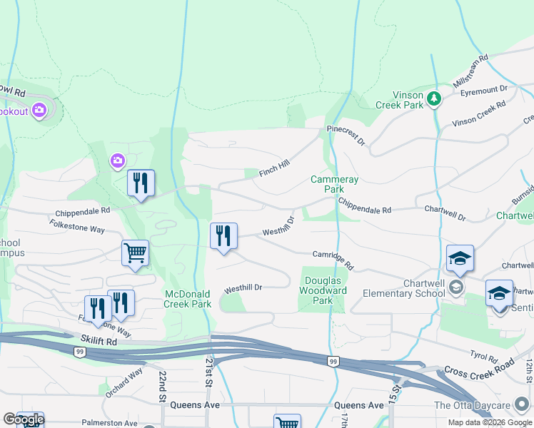 map of restaurants, bars, coffee shops, grocery stores, and more near 1526 Chippendale Court in West Vancouver