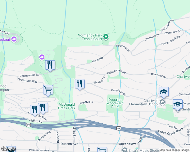 map of restaurants, bars, coffee shops, grocery stores, and more near 1526 Chippendale Court in West Vancouver