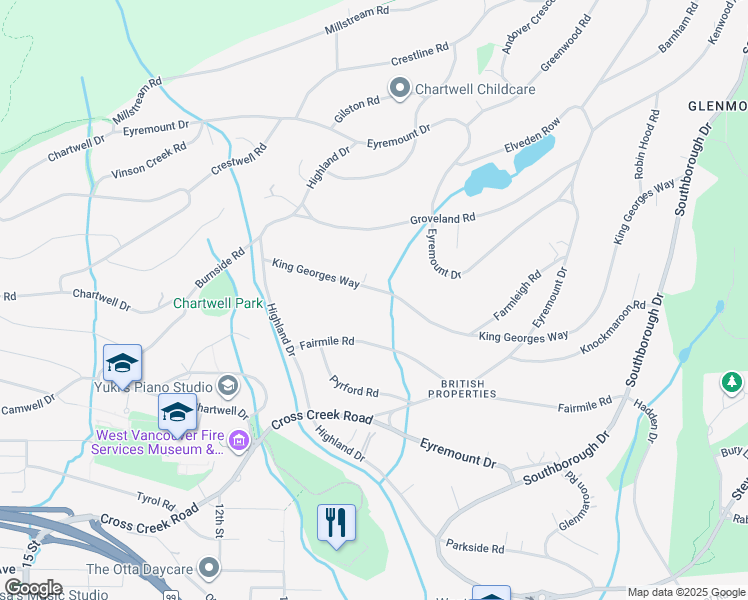 map of restaurants, bars, coffee shops, grocery stores, and more near 940 King Georges Way in West Vancouver