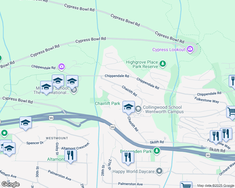map of restaurants, bars, coffee shops, grocery stores, and more near 2662 Chelsea Place in West Vancouver