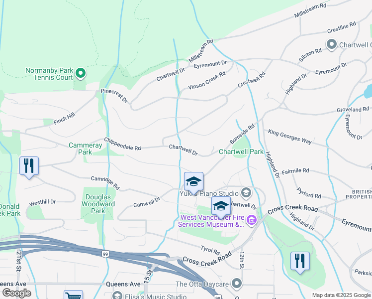 map of restaurants, bars, coffee shops, grocery stores, and more near Chartwell Drive in West Vancouver
