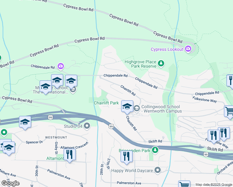 map of restaurants, bars, coffee shops, grocery stores, and more near 2662 Chelsea Place in West Vancouver