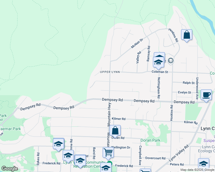 map of restaurants, bars, coffee shops, grocery stores, and more near 4365 Mountain Highway in North Vancouver