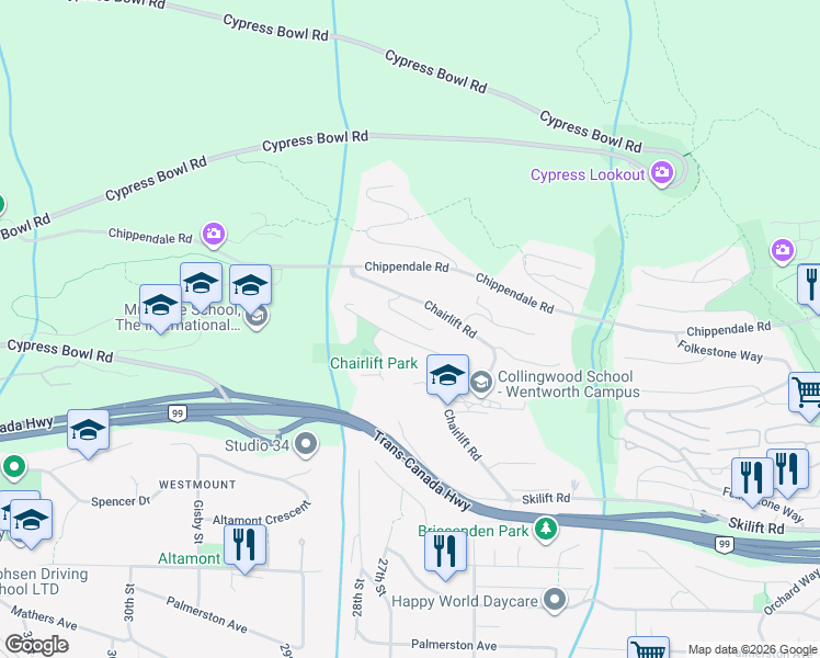 map of restaurants, bars, coffee shops, grocery stores, and more near 2662 Chelsea Place in West Vancouver