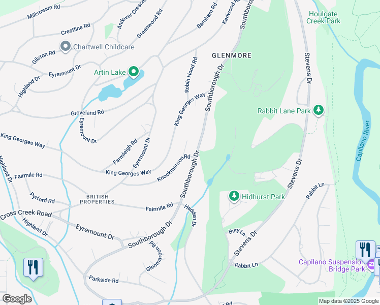 map of restaurants, bars, coffee shops, grocery stores, and more near 540 Thetford Place in West Vancouver