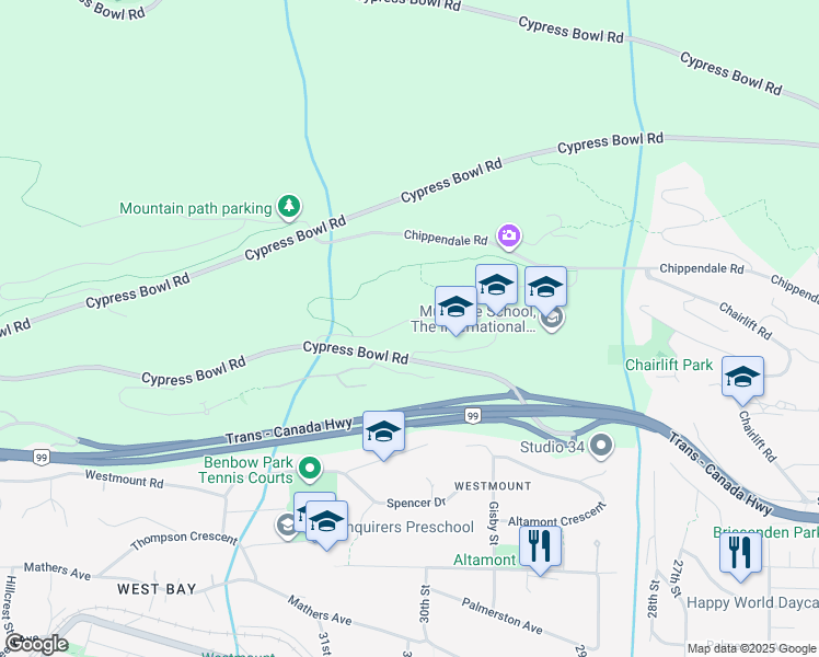 map of restaurants, bars, coffee shops, grocery stores, and more near 3018 Burfield Place in West Vancouver