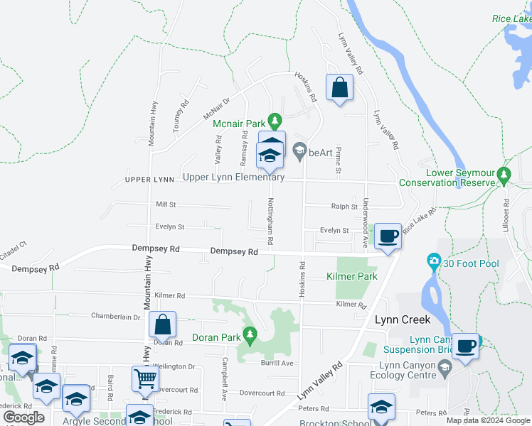 map of restaurants, bars, coffee shops, grocery stores, and more near 4359 Nottingham Road in North Vancouver