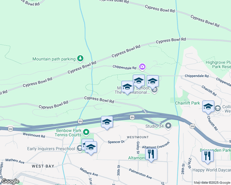map of restaurants, bars, coffee shops, grocery stores, and more near 3008 Burfield Place in West Vancouver