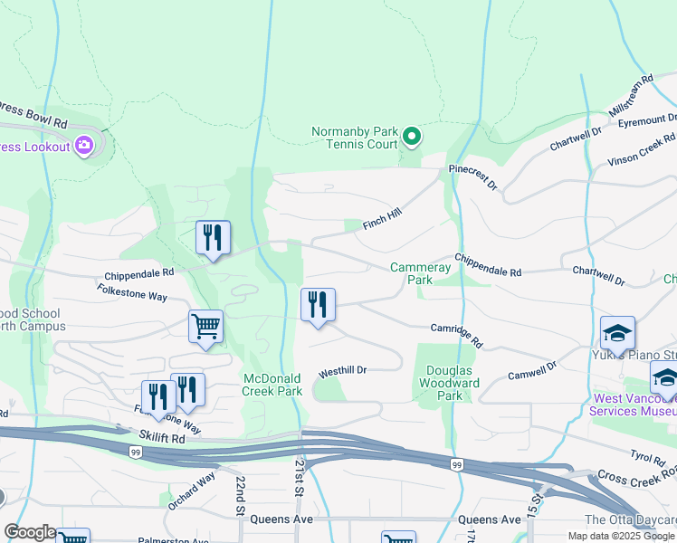 map of restaurants, bars, coffee shops, grocery stores, and more near Chippendale Court in West Vancouver