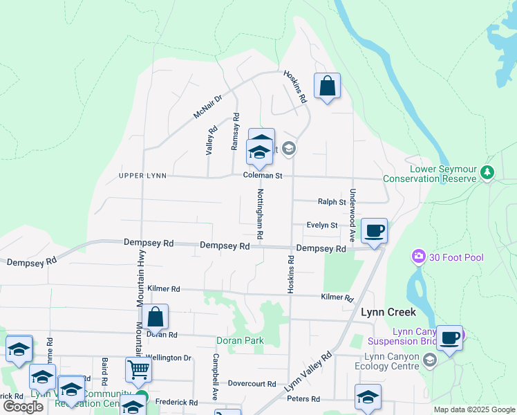 map of restaurants, bars, coffee shops, grocery stores, and more near 4359 Nottingham Road in North Vancouver