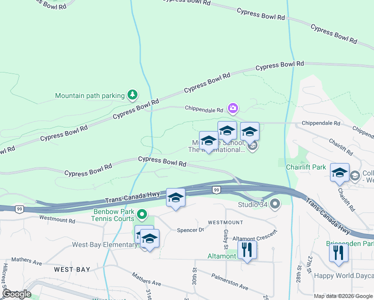 map of restaurants, bars, coffee shops, grocery stores, and more near 3018 Burfield Place in West Vancouver
