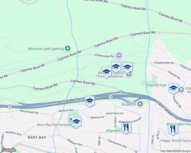 map of restaurants, bars, coffee shops, grocery stores, and more near 3018 Burfield Place in West Vancouver