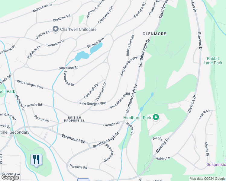 map of restaurants, bars, coffee shops, grocery stores, and more near 715 King Georges Way in West Vancouver