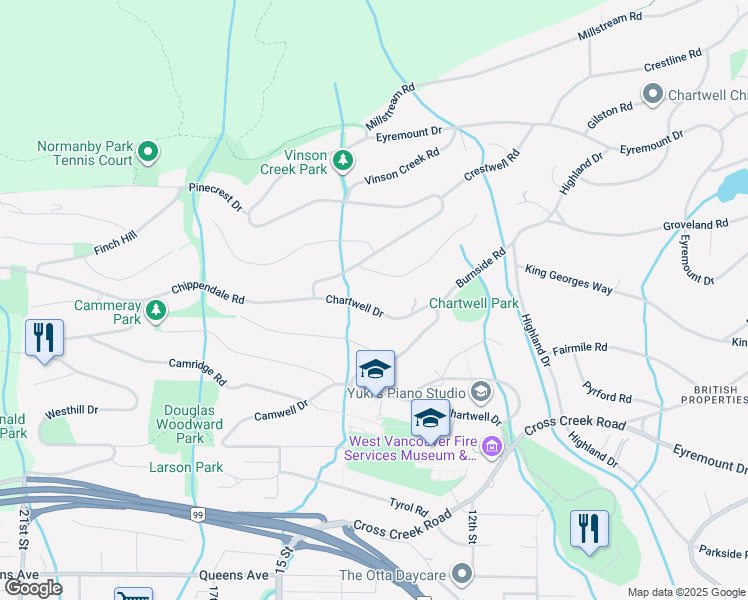 map of restaurants, bars, coffee shops, grocery stores, and more near 1391 Chartwell Drive in West Vancouver