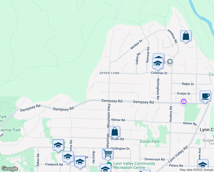 map of restaurants, bars, coffee shops, grocery stores, and more near 4377 Mountain Highway in North Vancouver