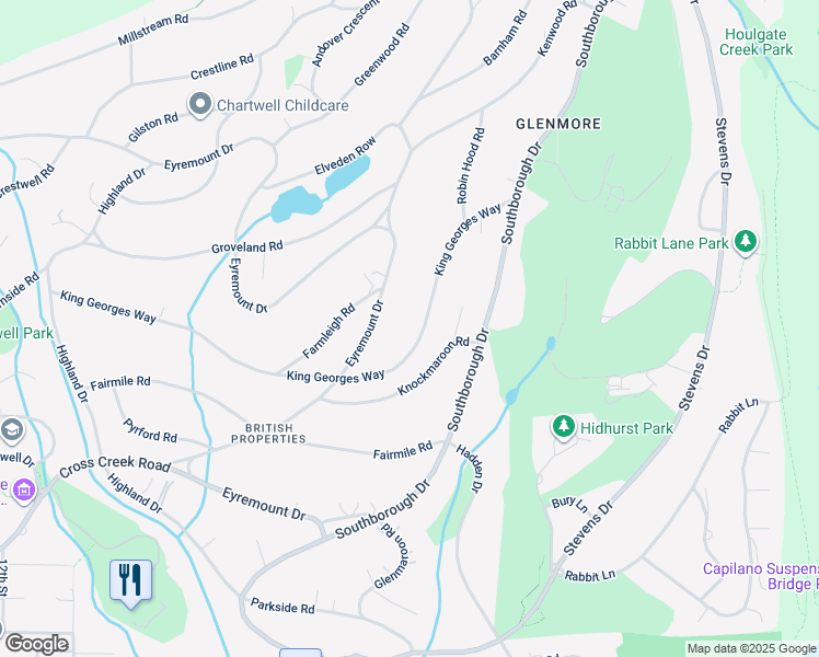 map of restaurants, bars, coffee shops, grocery stores, and more near 715 King Georges Way in West Vancouver