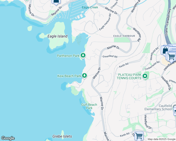 map of restaurants, bars, coffee shops, grocery stores, and more near 5363 Kew Cliff Road in West Vancouver