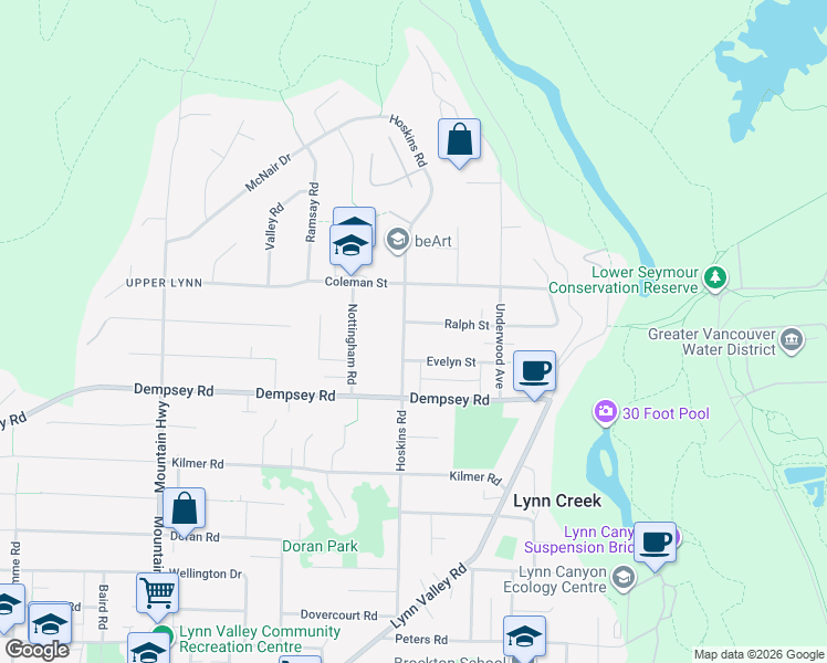 map of restaurants, bars, coffee shops, grocery stores, and more near 4390 Hoskins Road in North Vancouver