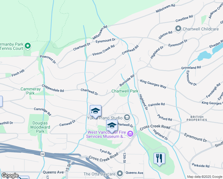 map of restaurants, bars, coffee shops, grocery stores, and more near 1373 Chartwell Drive in West Vancouver