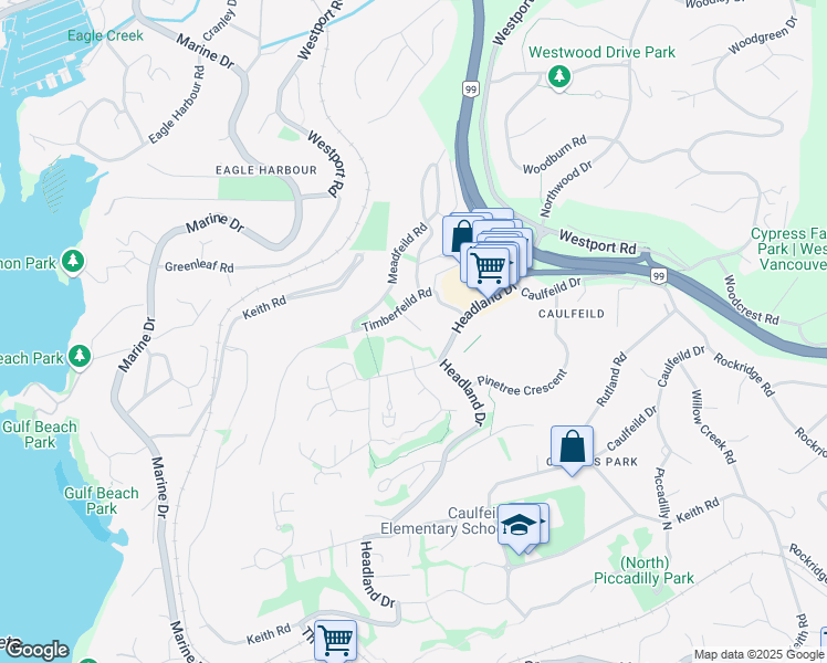 map of restaurants, bars, coffee shops, grocery stores, and more near 5257 Timberfeild Place in West Vancouver