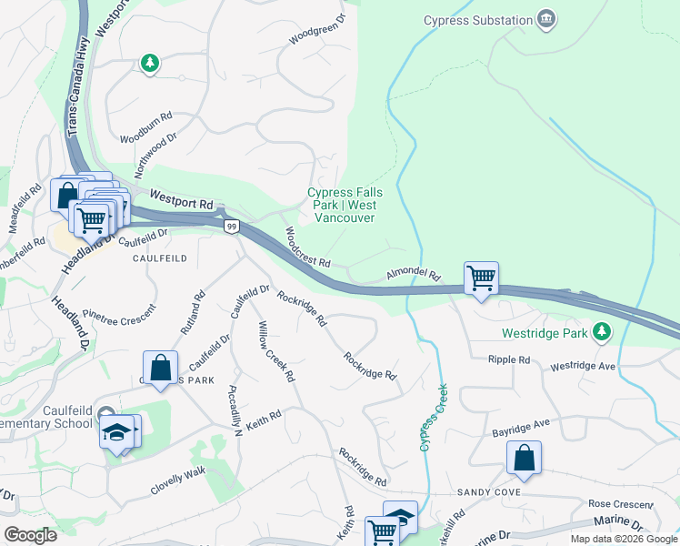 map of restaurants, bars, coffee shops, grocery stores, and more near 4380 Woodcrest Road in West Vancouver