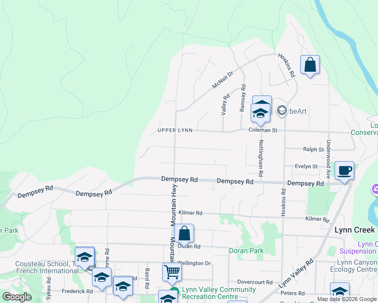 map of restaurants, bars, coffee shops, grocery stores, and more near 1349 Mill Street in North Vancouver