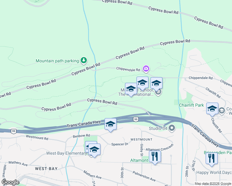 map of restaurants, bars, coffee shops, grocery stores, and more near Burfield Place in West Vancouver
