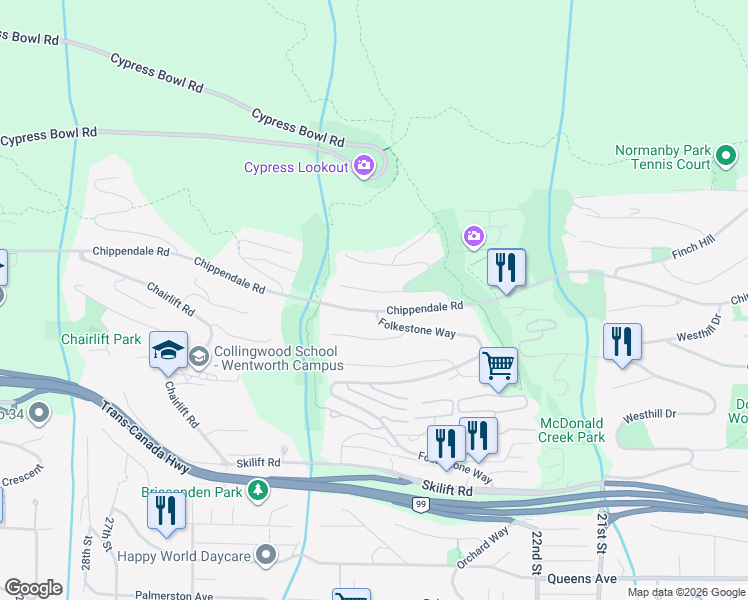 map of restaurants, bars, coffee shops, grocery stores, and more near 2420 Halston Court in West Vancouver