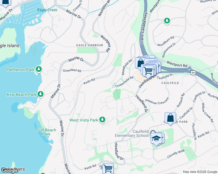 map of restaurants, bars, coffee shops, grocery stores, and more near 5180 Meadfeild Road in West Vancouver