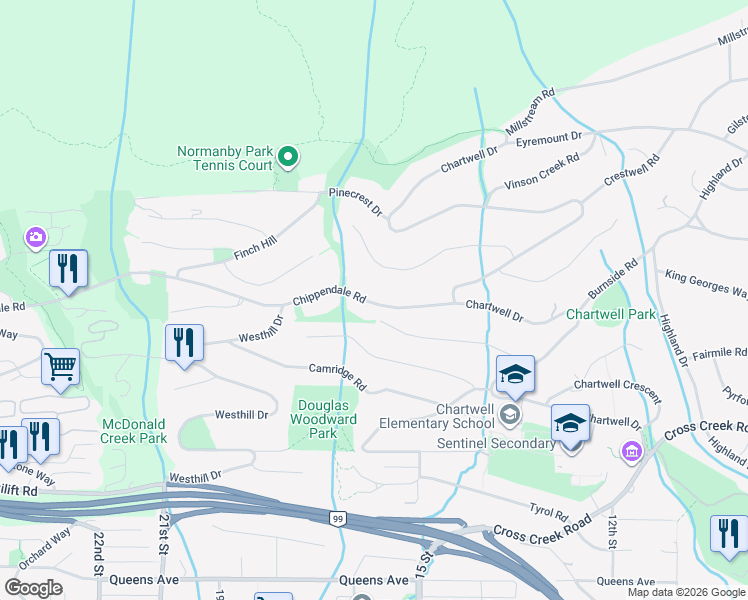 map of restaurants, bars, coffee shops, grocery stores, and more near 1445 Chippendale Road in West Vancouver