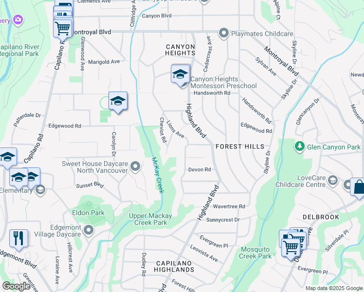 map of restaurants, bars, coffee shops, grocery stores, and more near 4365 Lions Avenue in North Vancouver