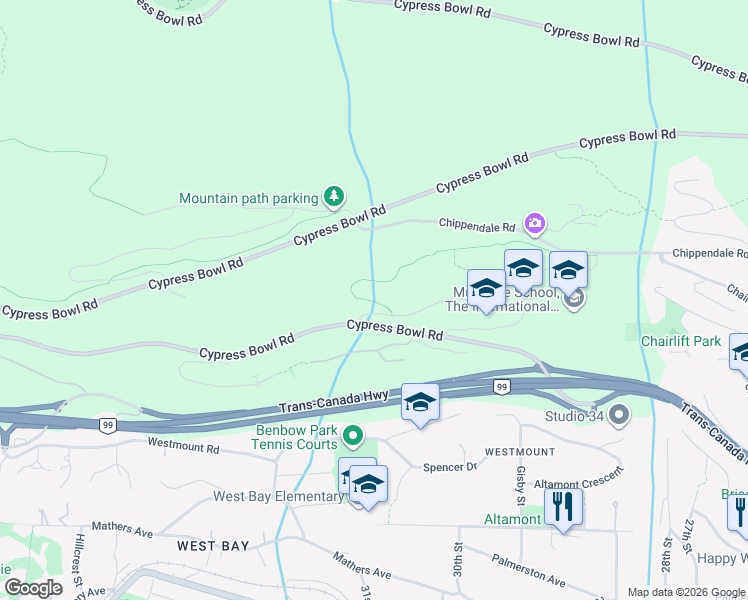 map of restaurants, bars, coffee shops, grocery stores, and more near 3101 Burfield Place in West Vancouver