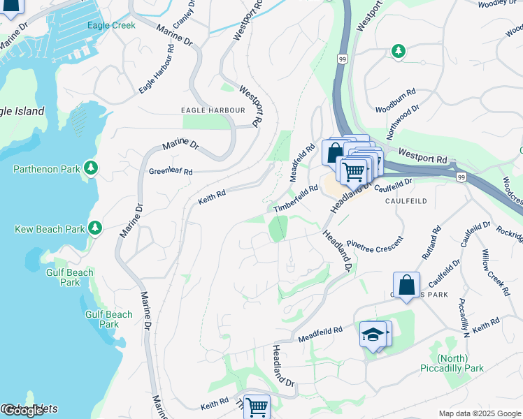 map of restaurants, bars, coffee shops, grocery stores, and more near 5186 Meadfeild Road in West Vancouver