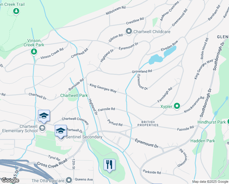 map of restaurants, bars, coffee shops, grocery stores, and more near 970 King Georges Way in West Vancouver